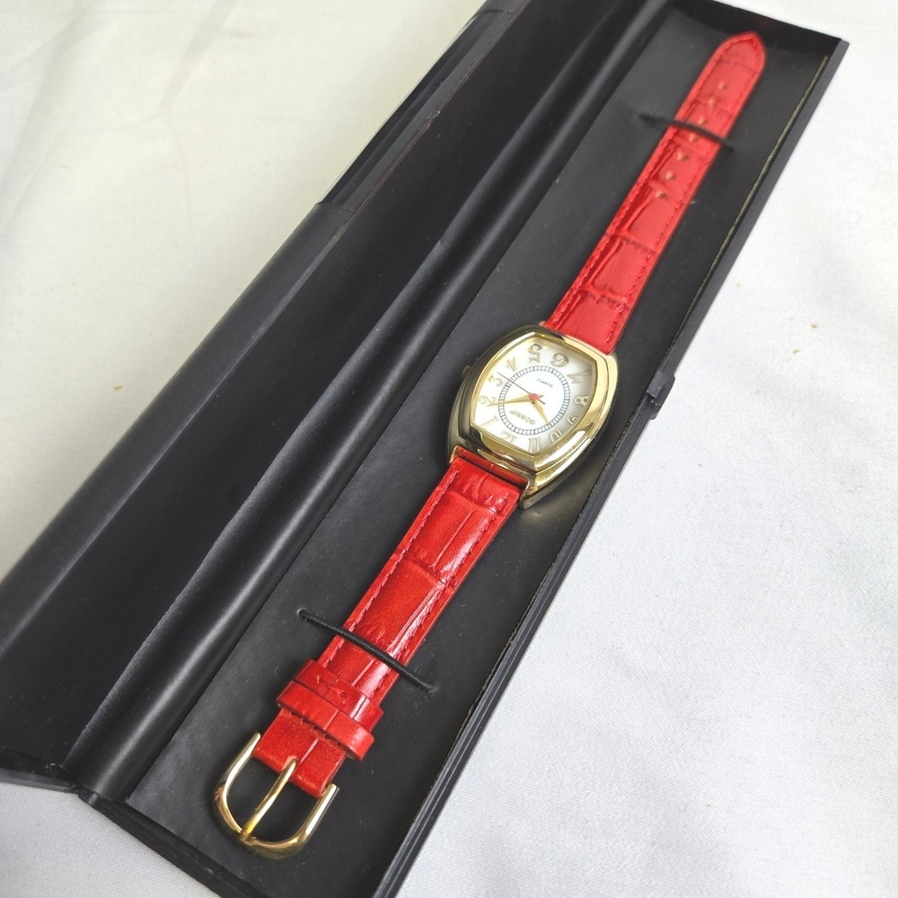 Gossip Ladies Quartz Gold‎ Tone Watch, Red Genuine Leather Strap, GSP545C, New